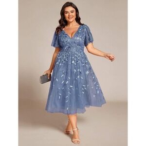 Ever Pretty Simone Blue Sequin A-Line Midi Formal Wedding Guest Dress NWOT / 24